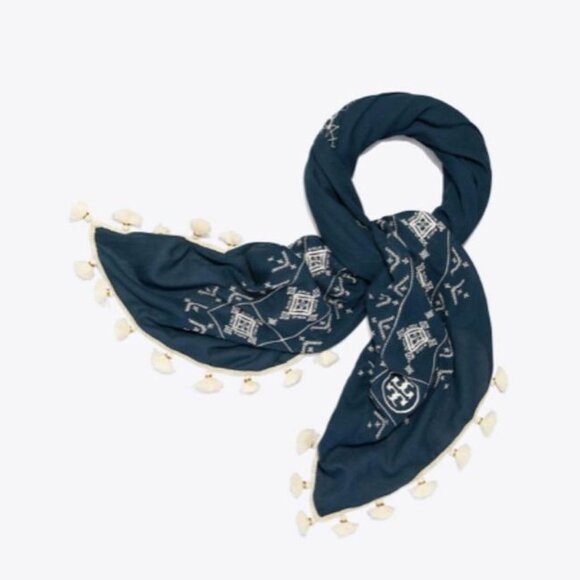 Tory Burch Women's Tassel Embroidered Geometric Scarf - Picture 5 of 8